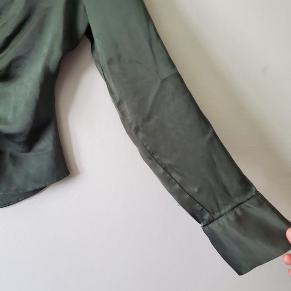 Zara Satin Sage Green Ruched Button Up Blouse Top, S - Picture 3 of 8